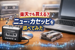 ニュー・カセッピの口コミや評判を紹介するアイキャッチ画像。楽天でも買えるカセットデジタル化プレーヤーをイメージした横長バナー。