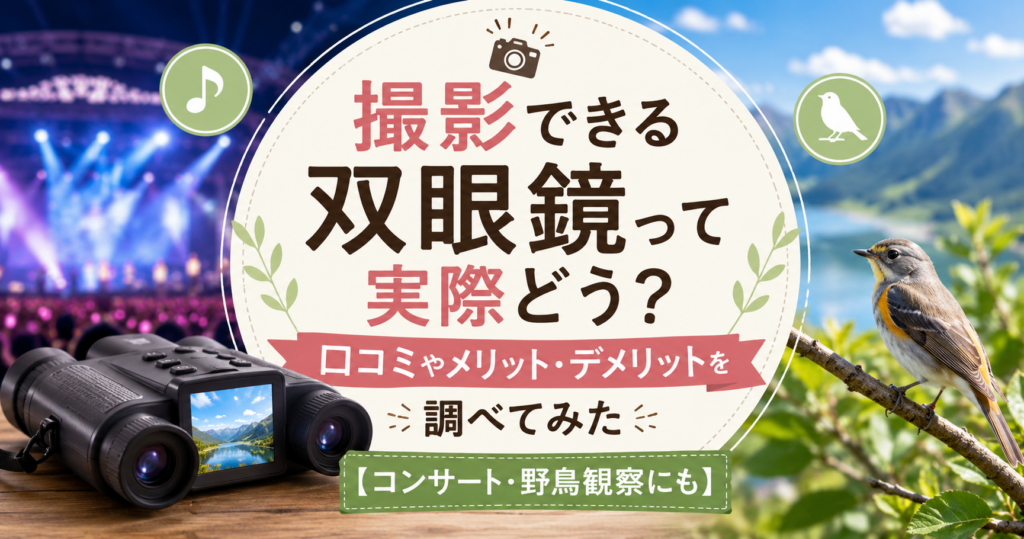 撮影できる双眼鏡の口コミやメリット・デメリットを紹介する記事のアイキャッチ画像。コンサート会場と野鳥観察の風景、デジタル双眼鏡が描かれている。