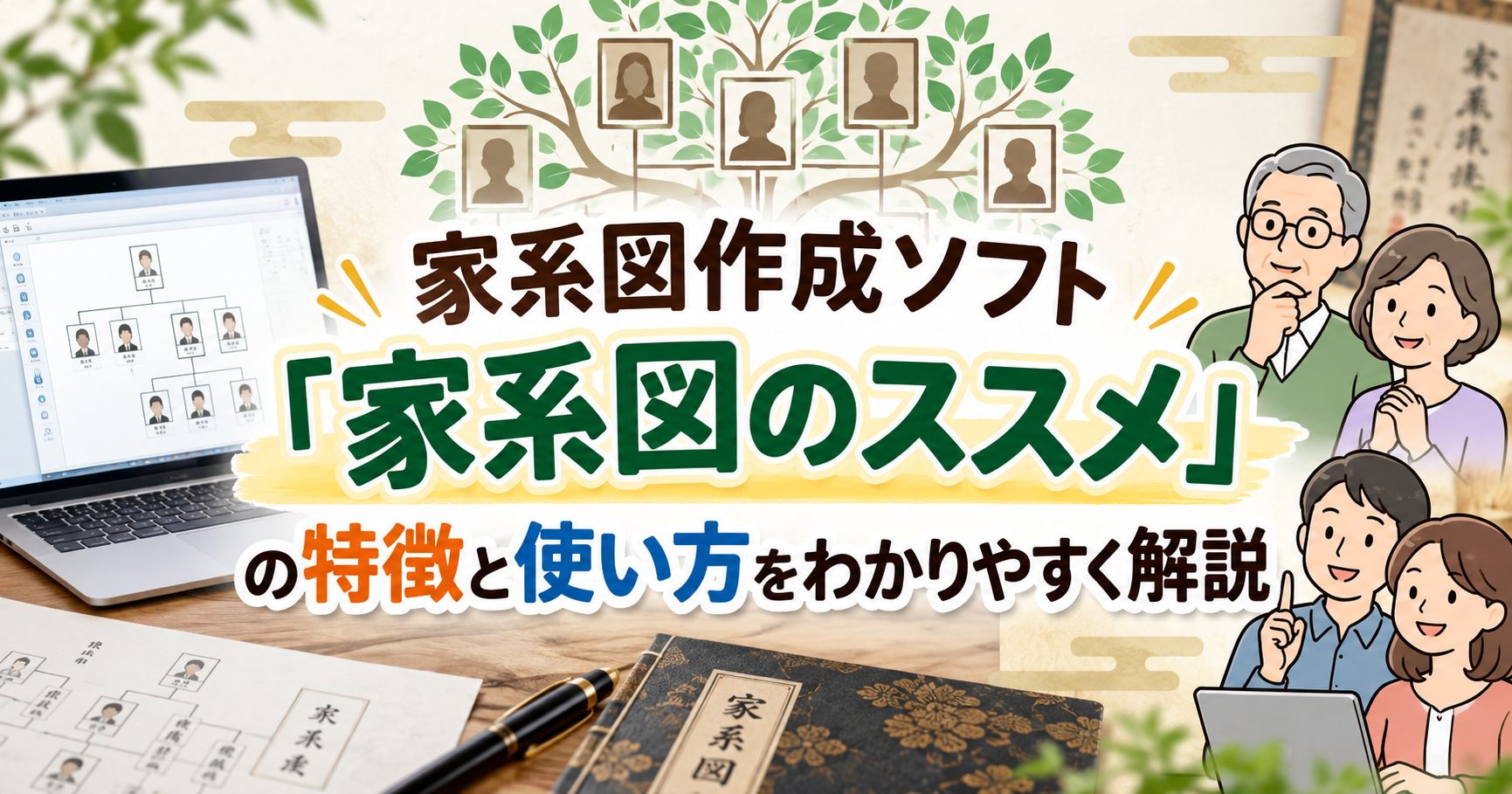 家系図作成ソフト『家系図のススメ』の特徴と使い方を紹介するイメージ画像