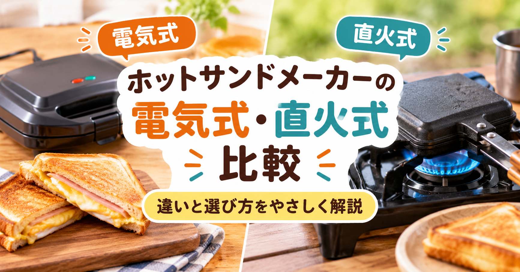 電気式と直火式のホットサンドメーカーを左右に並べ、焼き上がったホットサンドとともに、それぞれの特徴や違い、選び方を比較する記事のアイキャッチ画像。