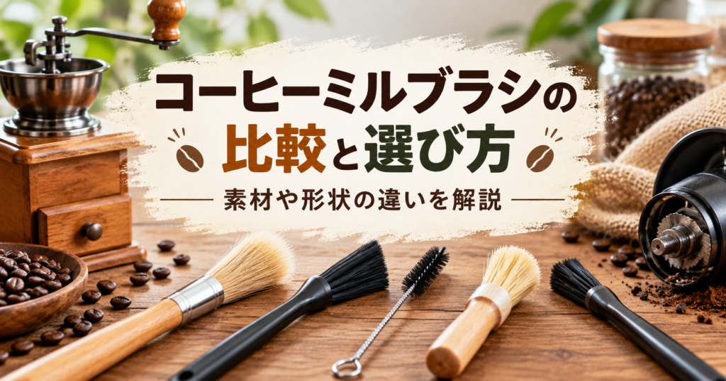 木製や樹脂製の持ち手、天然毛やナイロン毛など、素材や形状が異なるコーヒーミルブラシを並べた比較画像。コーヒーミルとコーヒー豆を背景に、ブラシの選び方を紹介。