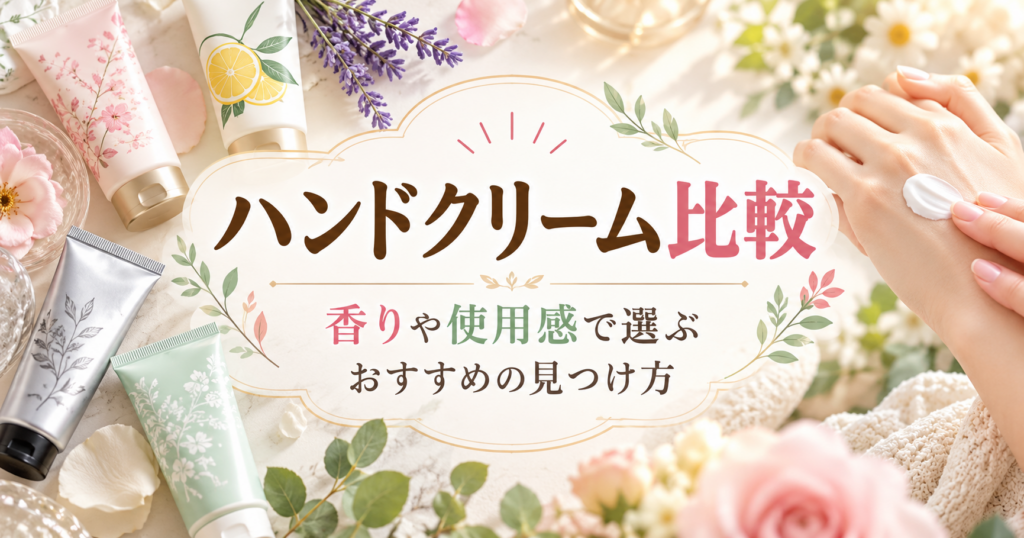 花や植物に囲まれた複数のハンドクリームと、手にクリームを塗る様子を描いた比較記事のアイキャッチ画像。「ハンドクリーム比較｜香りや使用感で選ぶおすすめの見つけ方」のタイトル入り。