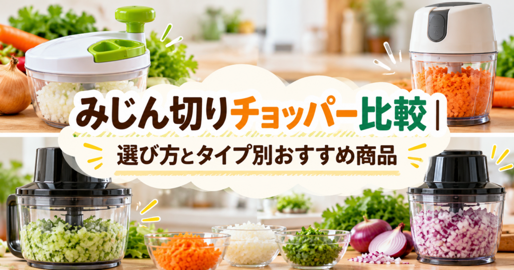 手動式・電動式などのみじん切りチョッパーと、細かく刻んだ野菜を並べた比較画像。「みじん切りチョッパー比較｜選び方とタイプ別おすすめ商品」のタイトル入り。