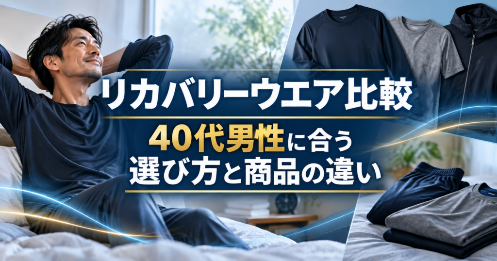 リカバリーウェアを着てリラックスする40代男性と、ネイビーやグレーのウェアを並べた比較イメージ。40代男性に合う選び方と商品の違いを紹介。