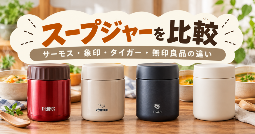 サーモス・象印・タイガー・無印良品のスープジャー4種類を並べた比較画像。各メーカーのスープジャーの違いを紹介する記事のアイキャッチ。